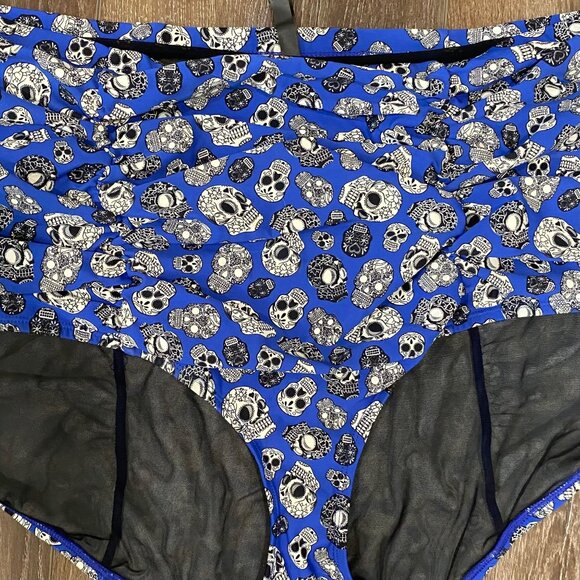 Torrid 5X Skull Day of The Dead Print High-Waist Swim Bottom — Blue Ruched Retro - Picture 2 of 5